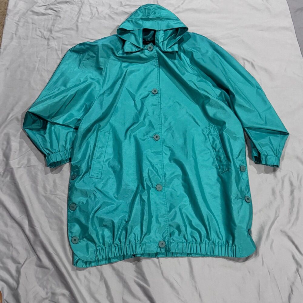 Vintage 1980s Alorna Rain Coat Hooded Button Side Windbreaker Oversized Size M